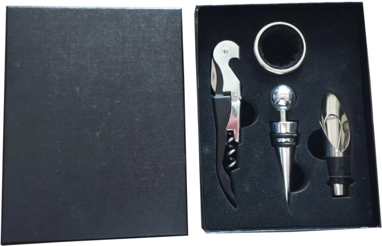 Set de regalo para vino de 4 piezas – sacacorchos, tapón, anillo antigoteo y vertedor