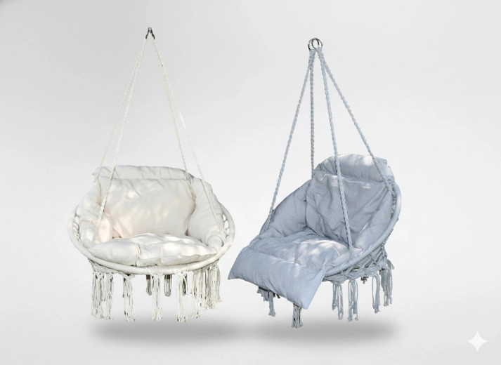 Silla colgante tipo nido con cojín, beige‑gris