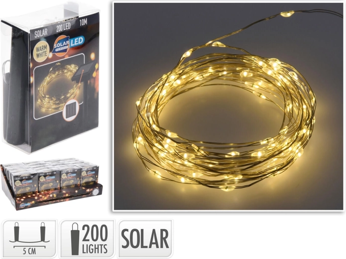 Guirnalda navideña LED solar 10 m, 200 diodos, blanco cálido