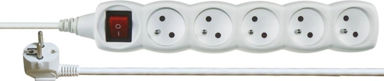 Cable alargador con interruptor, 5 tomas, 3 m, blanco