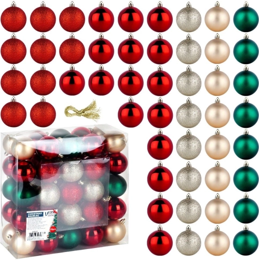 Juego de bolas navideñas irrompibles de 6 cm, rojas, verdes y champán, 50 uds.