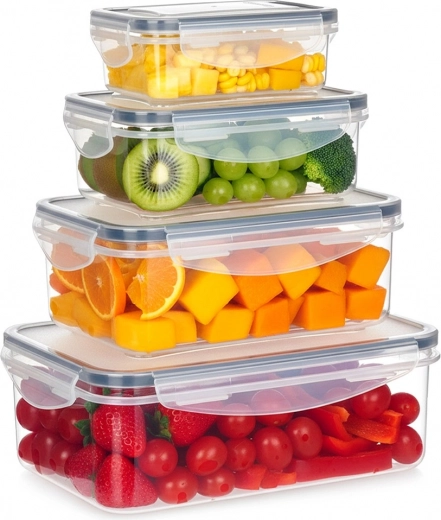 Juego de recipientes de plástico para alimentos con tapas y sellado, 4 unidades