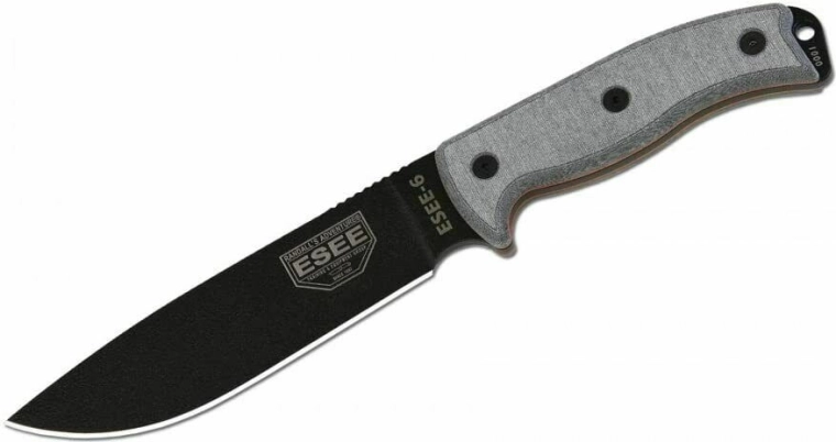 Cuchillo universal ESEE 6P con filo liso, negro/gris, Micarta, funda