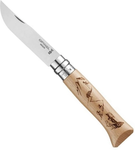 Opinel N°8 navaja de bolsillo con mango de haya, motivo de alpinismo, 8,5 cm