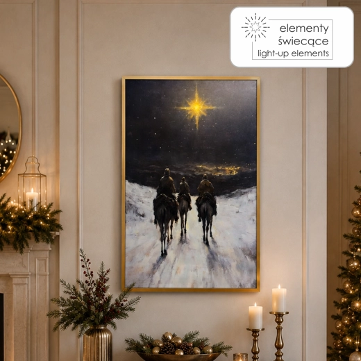 Cuadro en lienzo con retroiluminación LED Tres Reyes 40 × 60 cm, marco dorado