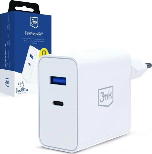 Cargador de pared 3MK FlowPower 45 W PD 3.0 QC4+ USB-A/USB-C blanco