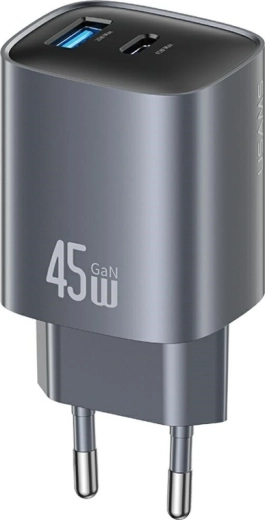 Cargador de red GaN 45 W con USB‑C y USB‑A, plateado