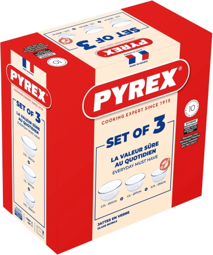Juego de cuencos de vidrio PYREX 3 uds 0,7 l + 1,1 l + 2,3 l