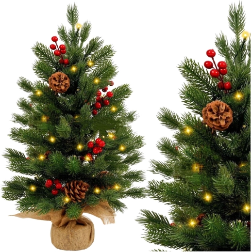 Arbolito de Navidad artificial de mesa con bayas rojas y luces LED 60 x 20 cm