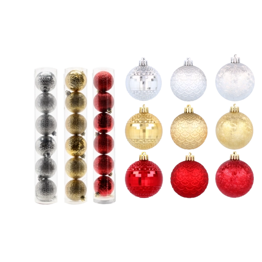 set de bolas navideñas de 6 cm en rojo, dorado y plateado, irrompibles