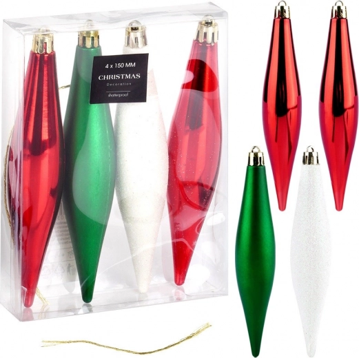 Adornos navideños irrompibles – gotas rojas, verdes y blancas, 15 cm, set de 4 uds.