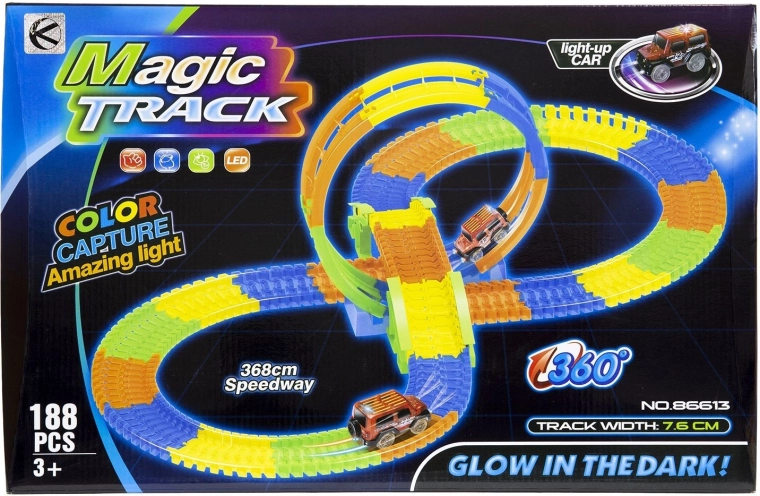 Pista de coches luminosa que brilla en la oscuridad