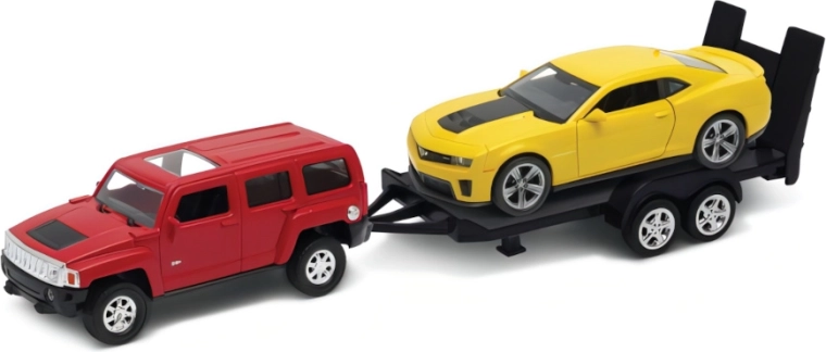 Welly grúa de coches Hummer H3 con remolque y Chevrolet Camaro ZL1 1:34
