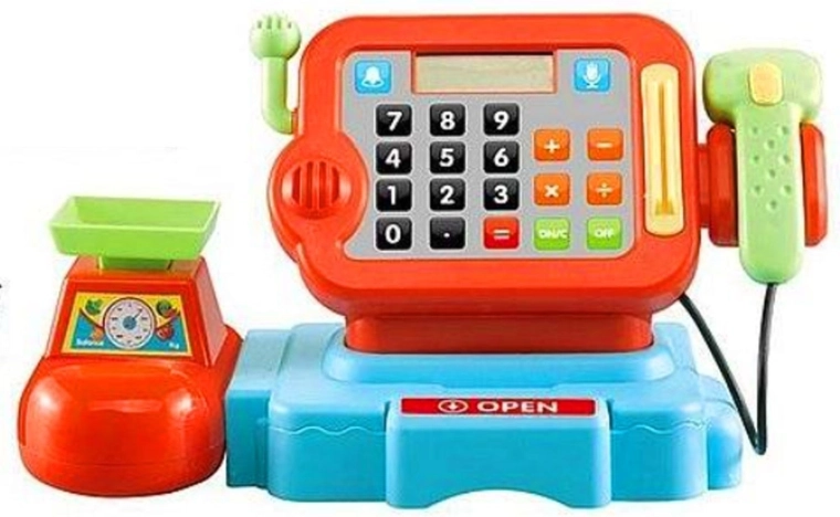 Caja registradora infantil con lector, micrófono, calculadora y balanza - 1 pieza
