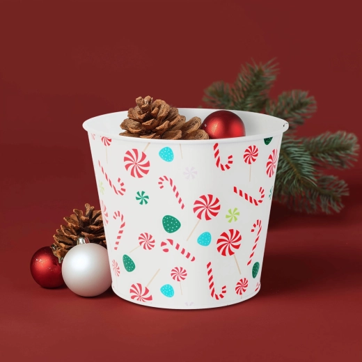 Macetero navideño metálico con forma de cubo y motivo de bastón de caramelo