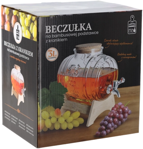 Beczułka Winogrono dispensador de bebidas de 3 l con grifo y soporte de bambú