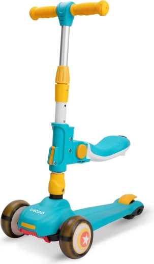 Patinete infantil con asiento, azul‑amarillo, ruedas luminosas