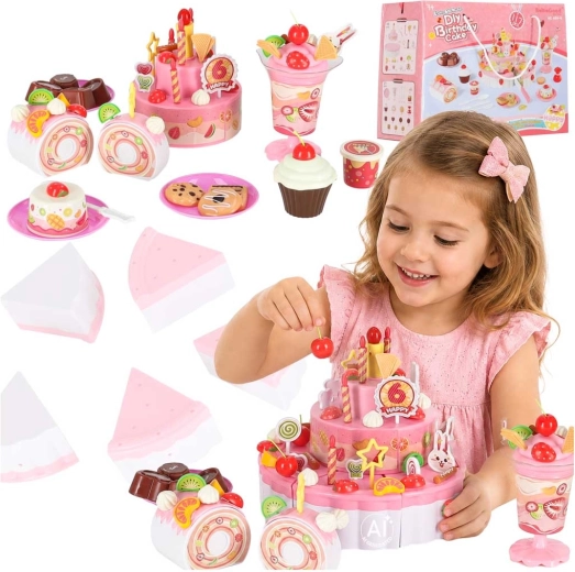 Tarta de cumpleaños infantil para cortar con velcro, con música y luces, 117 piezas, rosa