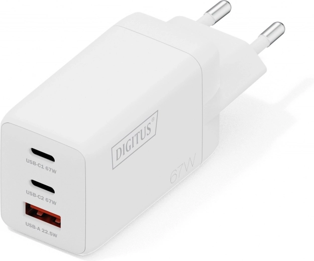 Cargador de red USB GaN 67 W, 2× USB‑C y 1× USB‑A, blanco