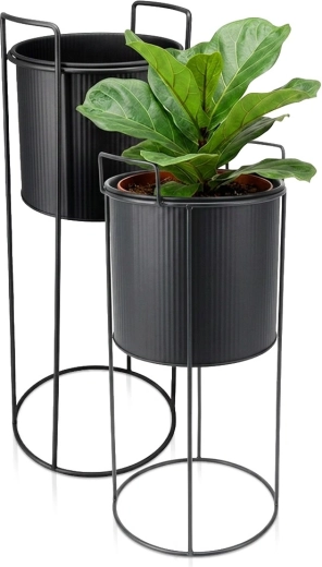 Soporte metálico negro para flores con dos maceteros