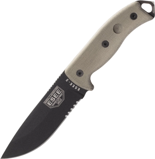 ESEE 5 hoja dentada, hoja negra, empuñadura de micarta, funda Kydex