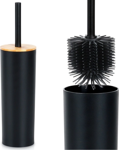 Escobilla de WC con soporte, metal negro y bambú, 36,5 cm