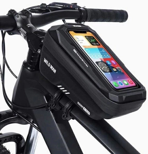 Bolsa para el cuadro de bicicleta WILD MAN XS2 1 l con funda para teléfono, negra
