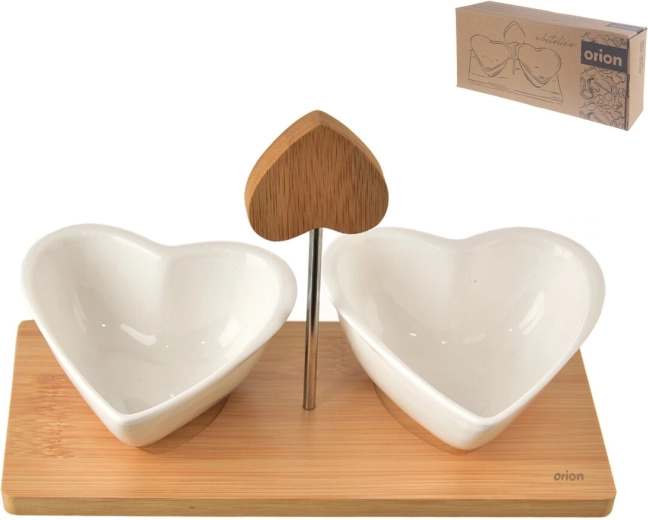 Set de servicio Orion Whiteline con 2 cuencos en forma de corazón y bandeja de madera