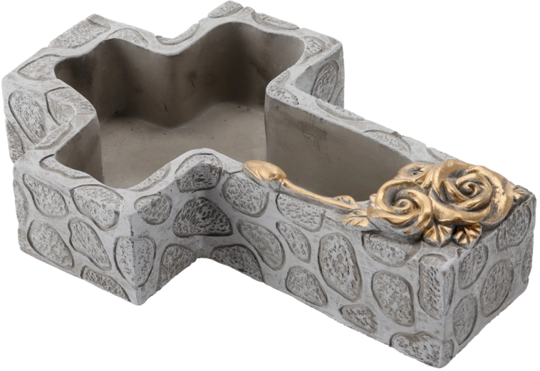 Cuenco cementerio de cemento con forma de cruz, gris con detalles dorados 28 × 18 × 7,5 cm