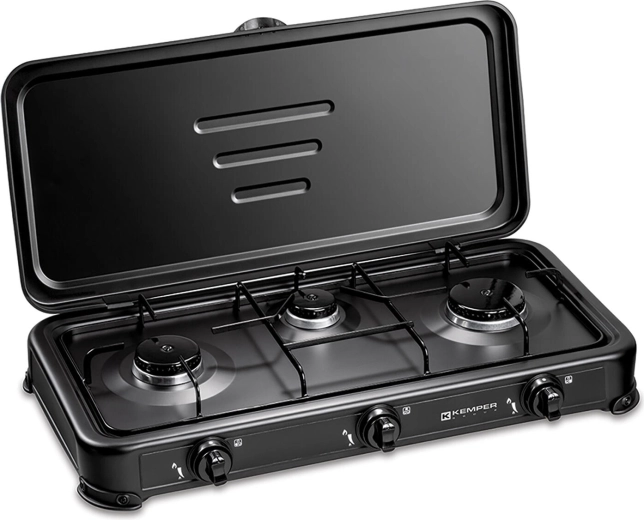 Cocina de gas negra con tres quemadores y tapa
