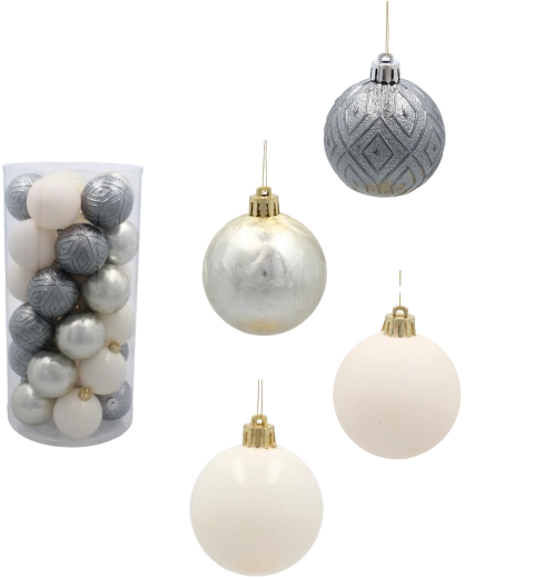 Set de bolas navideñas de 6 cm, 30 uds – champán, gris y blanco