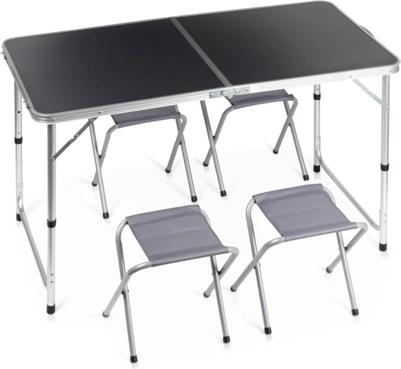 Mesa de camping plegable Vilde con 4 taburetes, color grafito, regulable en altura 120 × 60 cm