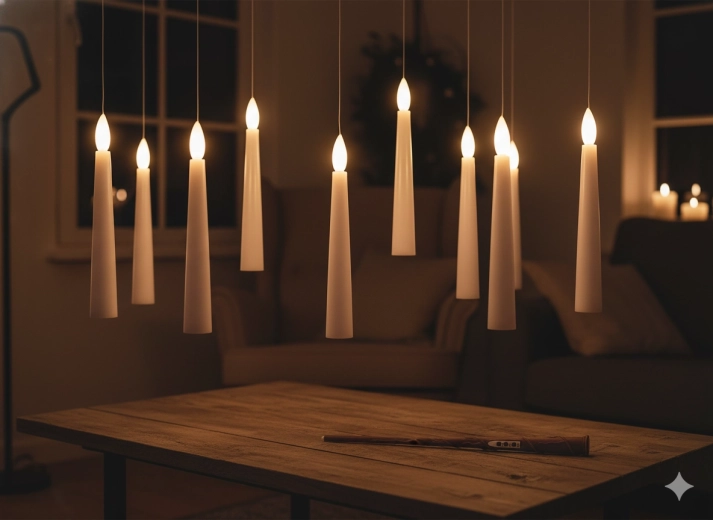 Juego de 10 velas LED colgantes con varita mágica 1,5 × 15,5 cm