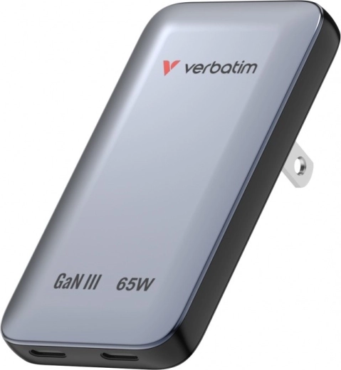 Verbatim Essentials Slim Cargador GaN 65 W con 2× USB‑C (US/UK/EU) gris
