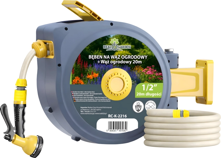 Enrollador automático mural para manguera de jardín 1/2", 20 m – set