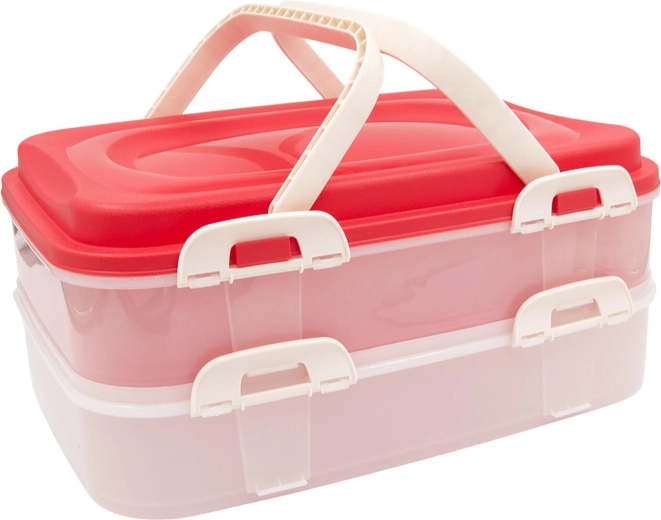 Caja para alimentos con cierres y asas, de 2 niveles, 40 × 30 × 18 cm, rosa