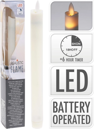 Vela LED de 23 cm con llama parpadeante y temporizador, marfil