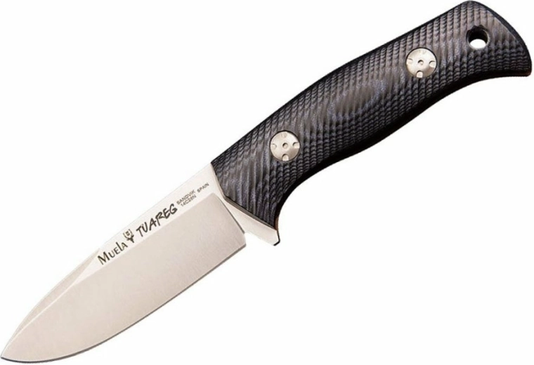 Muela Tuareg 10M cuchillo bushcraft resistente de 10 cm con tratamiento criogénico Cryo‑T, Micarta negro‑azul, funda de cuero