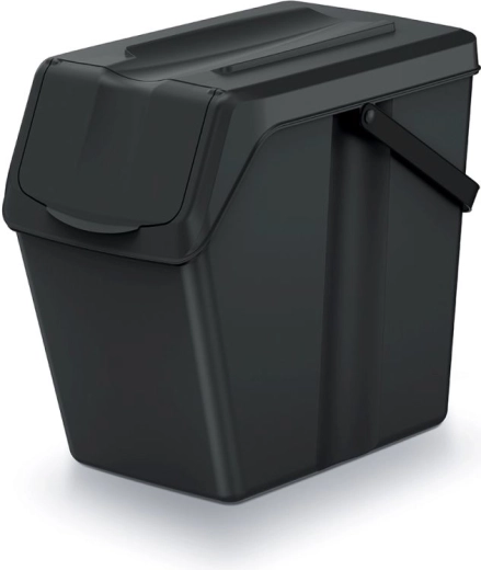 Cubo de basura para clasificación de residuos 25 l, negro reciclado, apilable con tapa frontal