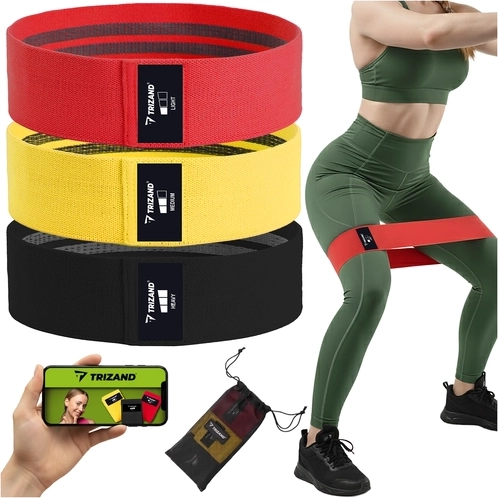 Juego de bandas de resistencia TRIZAND de tejido 3 uds 8–31 kg con plan de entrenamiento QR