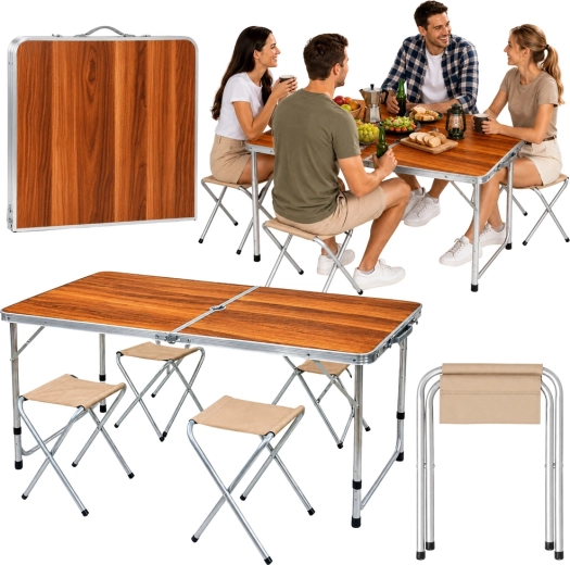 Set de camping plegable: mesa y 4 taburetes en maletín, acabado efecto madera