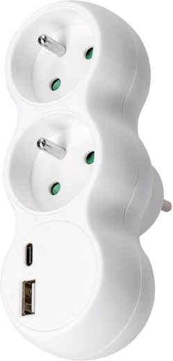 Solight adaptador múltiple para enchufe con cargador rápido USB-A y USB-C 20 W PD, blanco