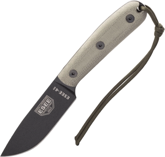 Cuchillo de supervivencia ESEE 4HM con hoja de 11 cm, recubrimiento negro, Micarta oliva, funda de cuero