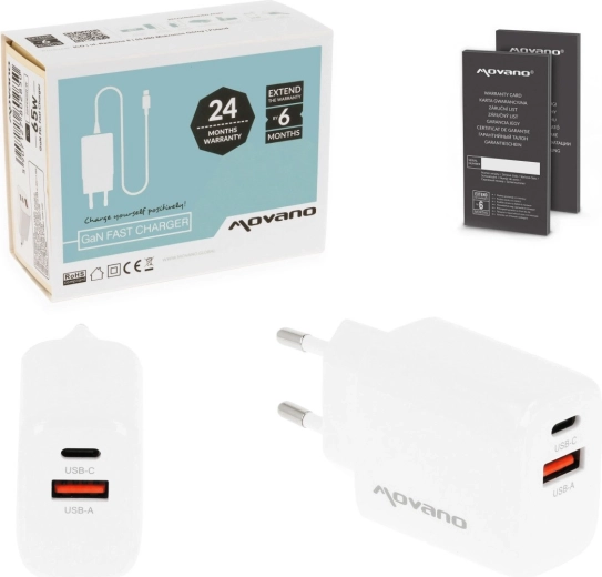 Cargador de red Movano GaN 20 W USB-C PD + USB-A blanco