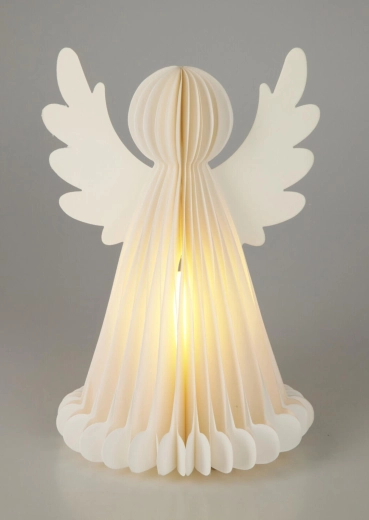 Ángel navideño iluminado de papel con temporizador 28 cm, 6 LED, blanco