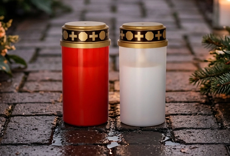 Vela LED para cementerio 6 × 10 cm con efecto llama – mix de colores