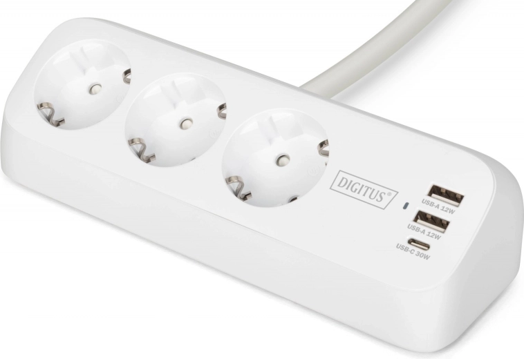 Regleta de extensión de sobremesa con abrazadera, 3 tomas Schuko, 2× USB‑A 12 W, 1× USB‑C 30 W, cable 1,5 m, blanca