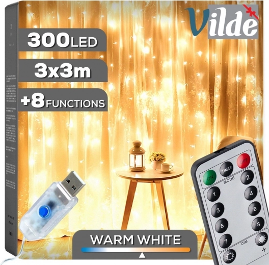 Cortina luminosa colgante con mando a distancia 300 LED 3 × 3 m, blanco cálido