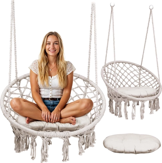 Silla colgante boho beige con cojín