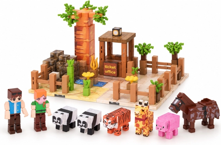 Escena de zoo con animales y figuras